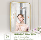 LED Bathroom Mirror with Lights, 20x28 Inch Brushed Gold Metal Frame LED Mirror for Bathroom, Stepless Dimmable 3 Colors Wall Mounted Lighted Bathroom Vanity Mirror, Anti-Fog, Memory