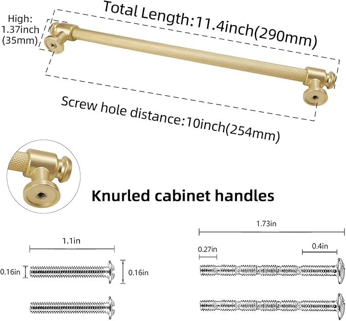 6 Pack 10 inch(254mm) Brushed Brass Cabinet Handles - Gold Drawer Pulls for Kitchen & Dresser