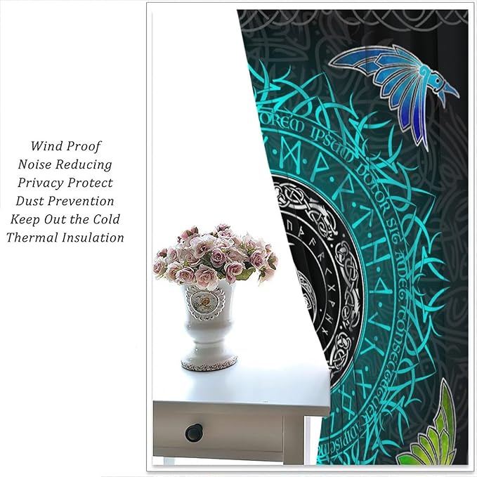 Viking Curtains Ancient Nordic Magic Rune Curtains Nordic Mythology Viking Bird Pattern Printed Curtains Bedroom Living Room Decoration Blackout Curtains W42 * L45 Inch