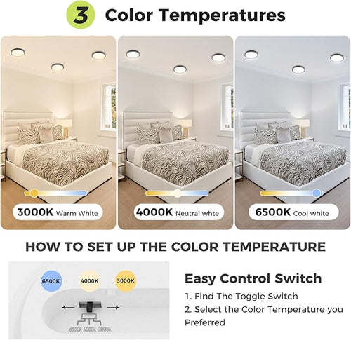 2PACK Flush Mount LED Ceiling Light Fixture - Black, 6.5Inch 12Watt, Dimmable & 3000K-4000K-6500K 3 Color Selectable Ceiling Lamp - 1200LM Low Profile Light for Kitchen, Bedroom, Hallway, Porch
