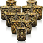 SHMILMH Halloween Votive Candle Holders Set of 12 Black Gold Glass Tealight Candle Holders with 4 Patterns Table Centerpiece for Halloween Party Table Decorations