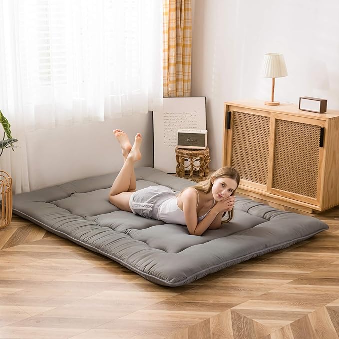 MAXYOYO Japanese Floor Mattress Futon Mattress, Thicken Tatami Mat Sleeping Pad Foldable Roll Up Mat for Boys Girls Dormitory Kids Floor Bed, Charcoal Grey, Twin