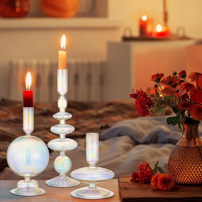 Rtteri 3 Pcs Glass Candlestick Holders Glass Candle Holders Groovy Wavy Elegant Taper Candle Stick for Wedding Home Birthday Party Christmas Halloween Decoration Windowsill Decor(Colorful)