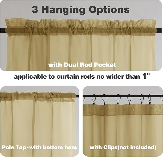 Chyhomenyc Gold Sheer Curtains 45 Inch Long 2 Panels, Short Voile Drapes for Dinning Small Windows Bathroom Living Room Bedroom, Rod Pocket, 42Wx45L Inches