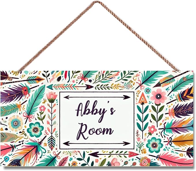 Personalized Vintage Flowers Art Décor For Kids Room Custom Name Door Wall Decor, Feather Floral Nursery Art Plate For Girls Bedroom Home Club Cabin Garage Store Bar