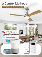 Sofucor 52 Inch Smart Ceiling Fans with Lights and Alexa/Google Assistant/APP/Remote Control-Modern Outdoor 3 Solid Wood Blades Ceiling Fan for Bedroom Living Room Patio, Sandy Nickel&Natural Wood