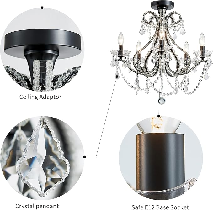 WUZUPS 5-Light Crystal Candle Chandelier Flushmount Ceiling Light Modern Lighting Fixture for Bedroom Hallway Bar Kitchen Bathroom, H 20.9" W 22", E12 Base, Black