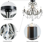 WUZUPS 5-Light Crystal Candle Chandelier Flushmount Ceiling Light Modern Lighting Fixture for Bedroom Hallway Bar Kitchen Bathroom, H 20.9" W 22", E12 Base, Black