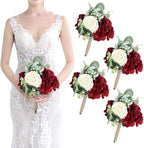 Artificial Flowers Bridesmaid Bouquets - Set of 4 Bridesmaid Bouquet Burgundy White Handmade Silk Floral Bouquet for Wedding Ceremony Anniversary, Bridal Shower, Home Table Decorations