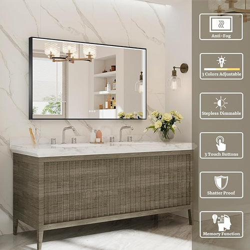48x28 Inch LED Bathroom Mirror, Black Metal Framed Lighted Mirror for Bathroom, Wall Mouted LED Vanity Mirror with Lights, 3 Colors and Stepless Dimmable, Anti-Fog, Memory