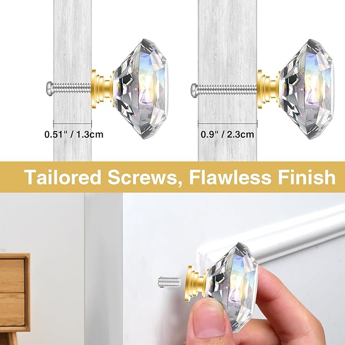 POZEAN Crystal Cabinet Knobs 30Pack, 1.57inch Dresser Knobs for Cabinet, Drawer with Two Different Sizes Screws, Diamond Glass Pulls Handles (40mm, 30Pack, Clear-Gold)