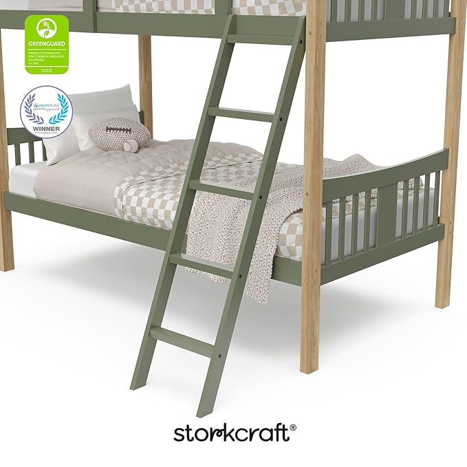 Storkcraft Caribou Bunk Bed Twin Over Twin Bunk Bed (Olive and Natural) - GREENGUARD Gold Certified, Twin Bunk Beds for Kids, Converts to 2 Individual Twin Beds (Mattress not Included)