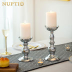 Nuptio Pillar Candle Holders Metal Candle Holder Ideal for 3 inches Candles, Silver Candle Holder for Living Room, Gardens, Spa, Aromatherapy, Incense Cones, Wedding, Party, 2 Pcs