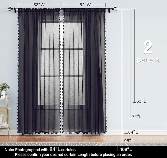Treatmentex Pom-pom Sheer Black Curtains for Living Room 84 inches Length Modern Window Curtain Panels for Kids Room Drapes 1 Pair Rod Pocket