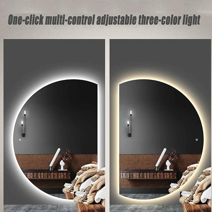 Half Moon LED Bathroom Mirror, Frameless Backlit Wall Mirror, Anti-Fog Smart Vanity Mirror,3 Colors Lights Dimmable Brightness and Time,Touch Switch (Right Semicircle, 100 * 70)