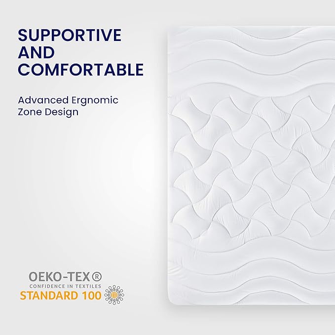 SLEEP ZONE Full Size Cooling Mattress Topper for Double Bed, Premium Zoned Cool Mattress Pad Cover, Padded Mattress Protector Breathable Washable, Deep Pocket 8-21" (White, Full)