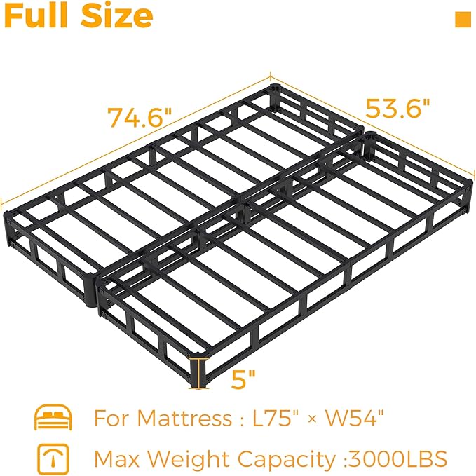 Split Full Box Spring 5 Inch, Easy Assembly Bed Foundation, Heavy Duty Low Profile Metal Box Spring for Full Bed with Fabric Cover, Noise Free