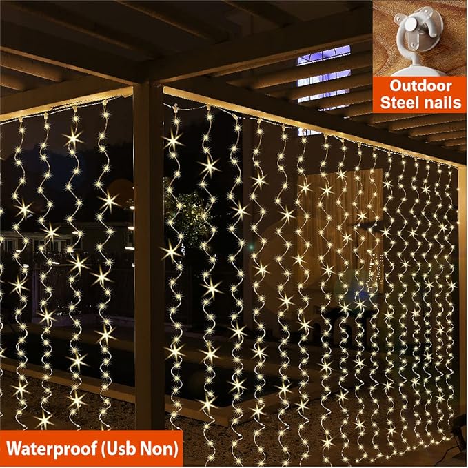 ZSJWL 2 Pack Curtain Lights, 300 LED Curtain Fairy Lights with Remote, 8 Modes 9.8 × 9.8 Ft Curtain String Lights, USB Plug in Copper Wire Lights for Bedroom Window Chrismas Wedding Party, Warm White