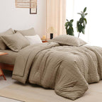 CozyLux King Size Comforter Set Taupe Seersucker 7 Pieces Bed in a Bag King Comforter Set with Sheets, Luxury Soft Bedding Set with Down Alternative Comforter, Sheets, Pillowcases & Shams All Seasons