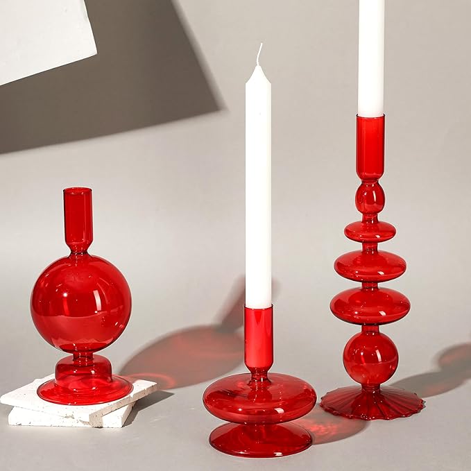 Rtteri 3 Pcs Glass Candlestick Holders Glass Candle Holders Groovy Wavy Elegant Taper Candle Stick for Wedding Home Birthday Party Christmas Halloween Decoration Windowsill Decor(Red)