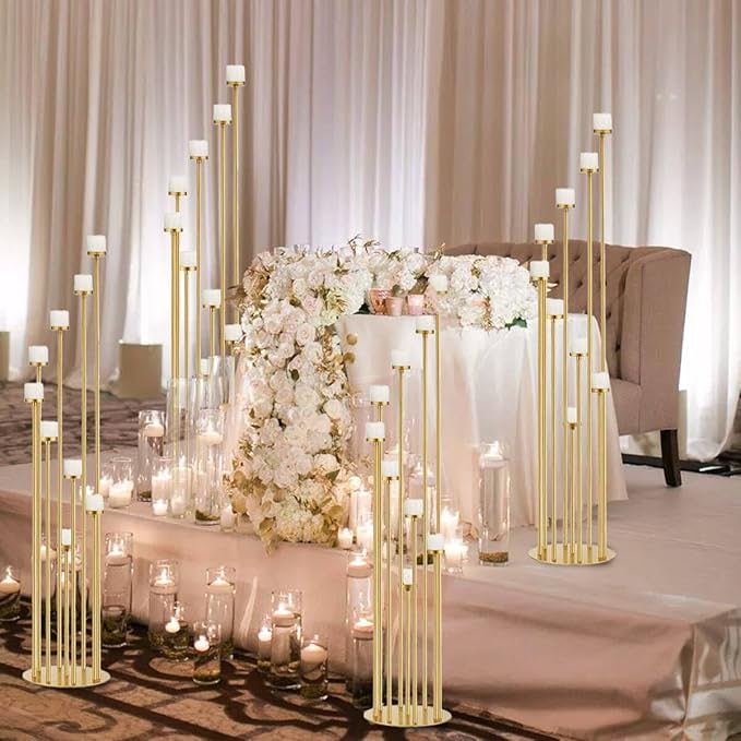 4pcs 9 Arm Candelabra, Floor Candle Holders Tall Set for Wedding Aisle Decoration,Gold Candelabras for Fireplace,Candle Stand Fit for Flameless or Wax