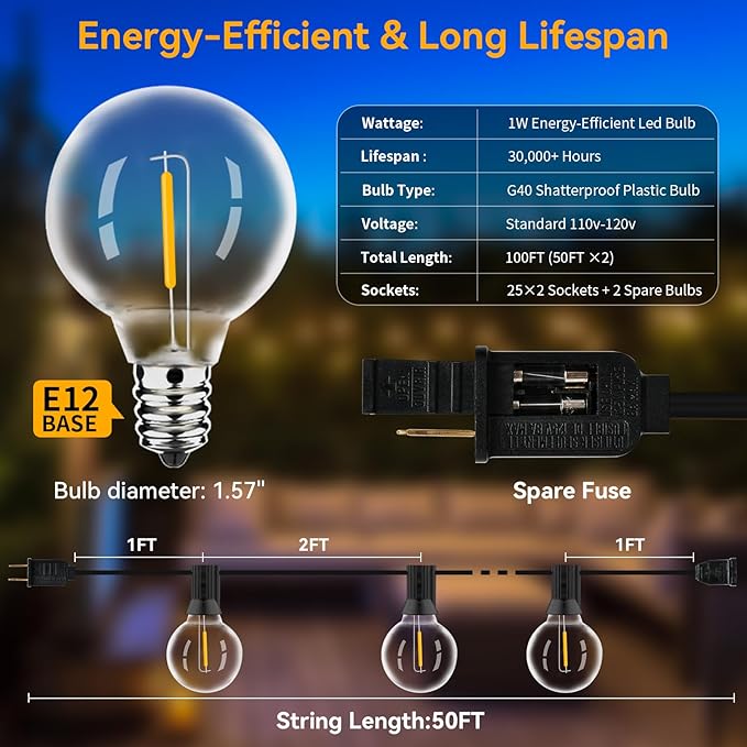 100ft Outdoor String Lights Waterproof/Connectable/Dimmable with 52 LED Shatterproof Bulbs,2-Pack 50ft UL Listed Globe G40 String Lights Outside Lighting for Patio Backyard Cafe Party Wedding Garden