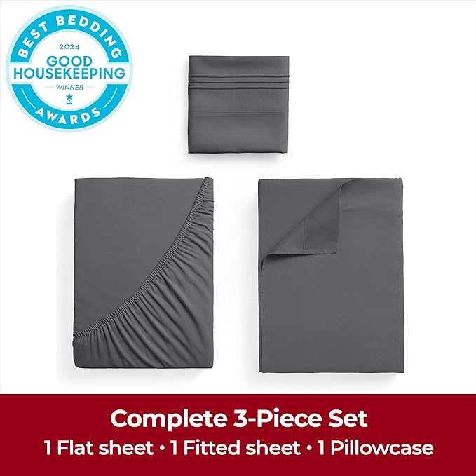 Mellanni Twin Sheets Set - 3 PC Iconic Collection Bedding - Hotel Luxury, Extra Soft, Cooling Bed Sheets - Wrinkle, Fade, Stain Resistant (Twin, Gray)