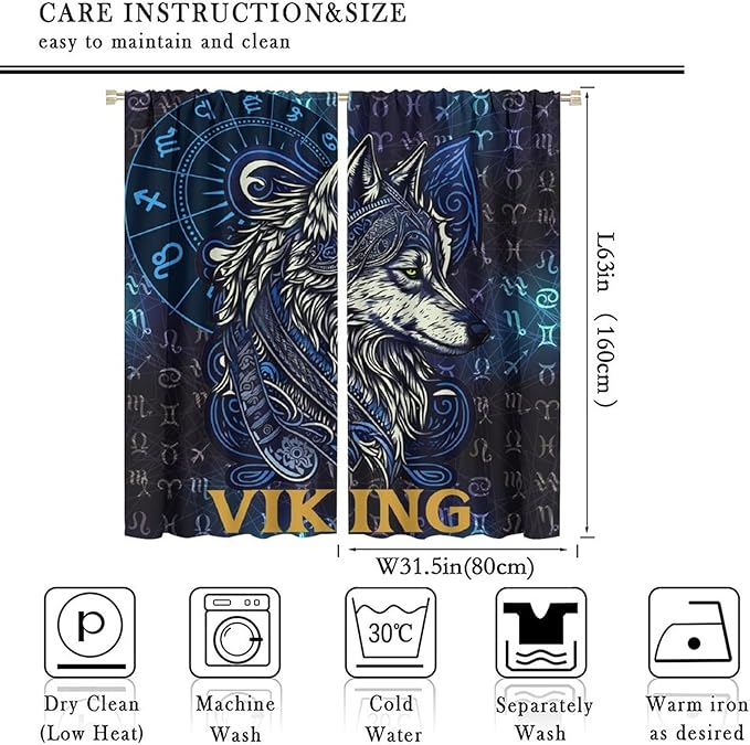 Viking Wolf Curtains Blue Rune Nordic Gothic Animal Curtains Dark Ancient Totem Mythological Pattern Printed Curtains Boys Bedroom Living Room Decoration Blackout Curtains W63 * L63 Inch