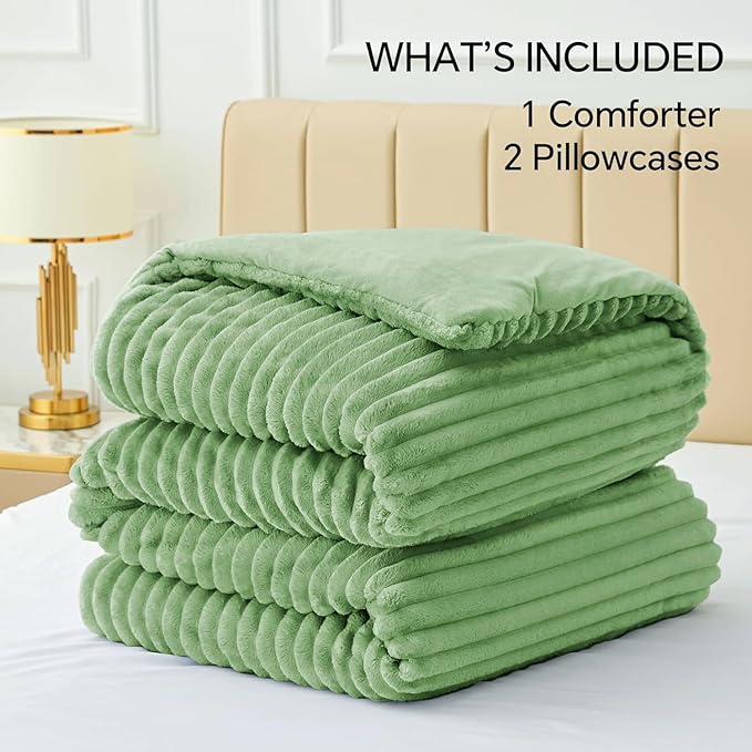 BEDELITE Fleece Queen Comforter Set -Super Soft & Warm Fluffy Green Bedding, Luxury Fuzzy Heavy Bed Set for Winter with 2 Pillow Cases