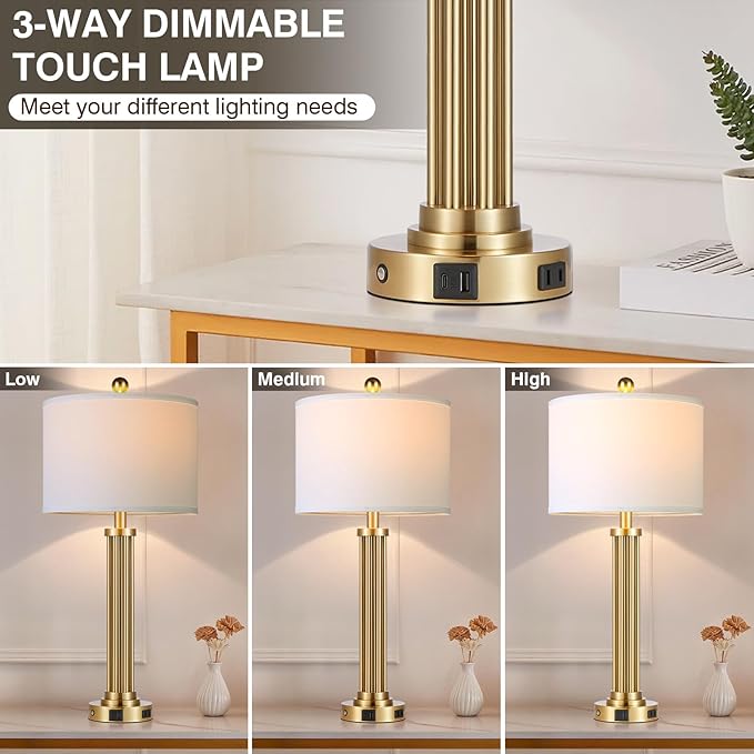 28" Tall Modern Table Lamps Set of 2 with USB C+A Ports and AC Outlet, 3 Way Touch Metal Bedside Lamps for Living Room, Gold Nightstand Lamps for Bedroom