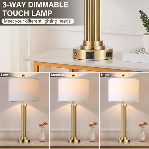 28" Tall Modern Table Lamps Set of 2 with USB C+A Ports and AC Outlet, 3 Way Touch Metal Bedside Lamps for Living Room, Gold Nightstand Lamps for Bedroom