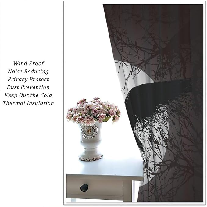 Cool Raven Print Curtains for Bedroom - Vintage Nordic Viking Theme Dead Tree Crow Full Moon Window Treatment,Energy Saving Thermal Insulated Rod Pocket Bedroom Blackout Curtains 2 Panels 72L x 31.5W