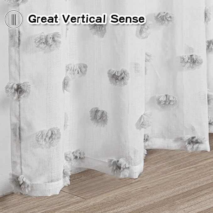 MYSKY HOME Pom Pom Sheer Curtains 2 Pack 37 x 84 in Long Grey Pom Pom Rod Pocket Voile Sheer Drapes for Bedroom, Living Room, Office