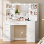 Quimoo Large Vanity Desk with LED Lighted Mirror & Power Outlet,Makeup Vanity Table with 7 Drawers,4 Shelves and 5 Hooks,Vanity Table, Vanity Desk Set for Bedroom,Bathroom,White