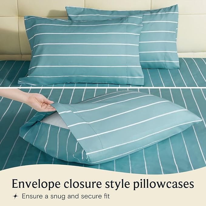LuxClub 4 PC King Size Sheet Set Bed Sheets, Breathable Luxury Deep Pockets Wrinkle Free Cooling Sheets Machine Washable Hotel Bedding (King, Striped Light Blue)