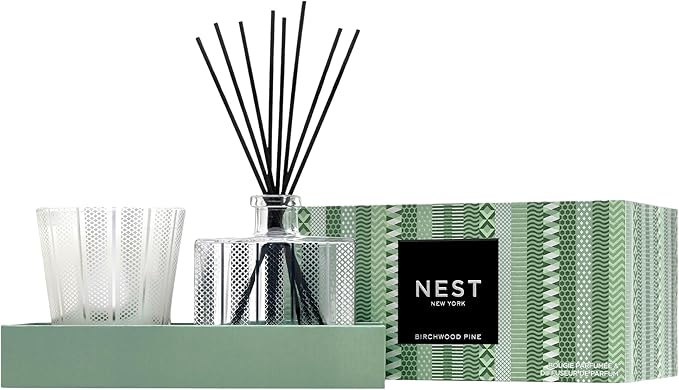 NEST New York Scented Classic Candle (8.1 oz) & Diffuser (5.9 fl oz) Set, Birchwood Pine - Reusable Glass Vessel - Vegan, Cruelty Free