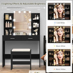 usikey Vanity Desk with Mirror & Lights, Makeup Vanity Table with 2 Large Drawers, 6 Storage Shelves & Stool, Bedroom Dressing Vanity Table with 3 Color Light Adjustable, Black