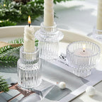 Ribbed Glass Candlestick Holders 6PCS Clear Candle Stick Holders for Tealight Taper Candles Dining Table Centerpieces Holiday Decoration