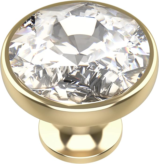 Alzassbg 6 Pack Clear Crystal with Gold Base Cabinet Knobs, 1-3/8 Inch (35mm) Diameter Cabinet Hardware Round Crystal Knobs for Drawers AL1011BG