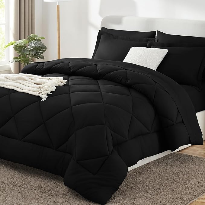 CozyLux Oversized King Comforter Set Black - 7 Pieces Bed in a Bag Comforter Set with Sheets, Luxury Soft Bed Set All Seasons, Bedding Set with Down Alternative Comforter, Sheets, Pillowcases & Shams