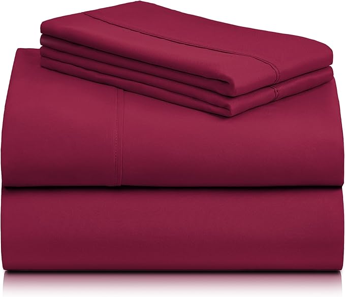 LuxClub 3 PC Sheet Bed Sheets Deep Pockets Wrinkle Free-Kids-Fitted Sheets Machine Washable Hotel Bedding Silky Soft - Burgundy Twin