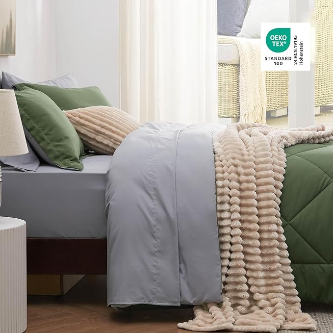 Bedsure Twin Size Comforter Set - 7 Pieces Reversible Olive Green Bedding, Twin Size Bed Set for All Seasons, Bed in a Bag with Down Alternative Comforter, Sheets, Pillowcase & Sham