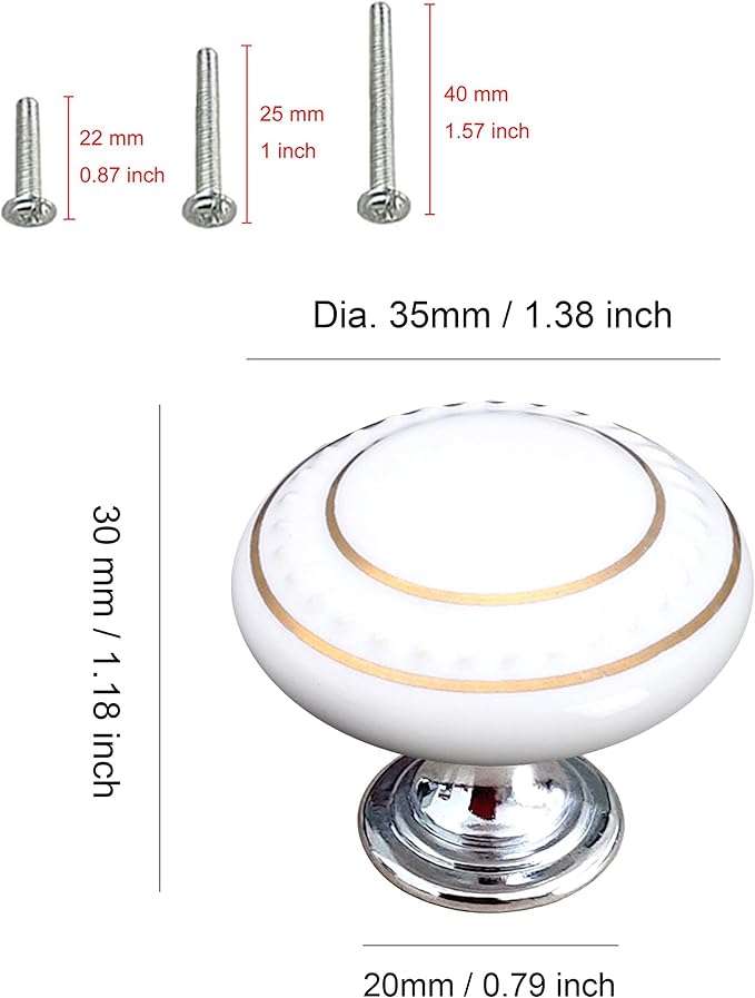 HUAMULAN 15 Pack Ceramic Knob Simple Dresser Kitchen Round Cabinet Pulls Zinc Alloy Base Cupboard Wardrobe Drawer Door Handles,3 Size Screws A4-43-BaiGold-15PCS