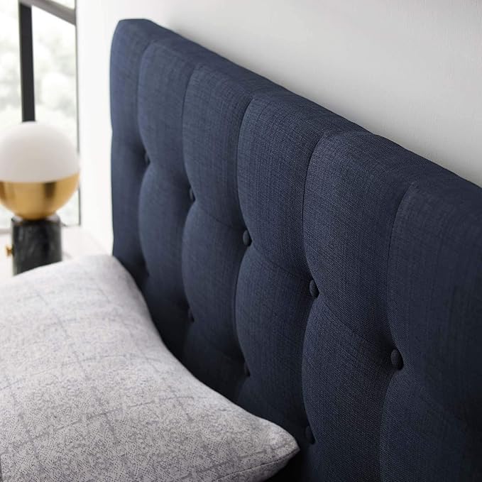 Modway Emily Tufted Button Linen Fabric Upholstered King Headboard in Navy
