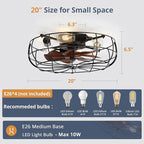 LEDIARY 20" Caged Ceiling Fans with Lights and Remote, Flush Mount Bladeless Ceiling Fan Low Profile, Small Farmhouse Industrial Enclosed Ceiling Fan with Light for Bedroom, Kitchen, Indoor