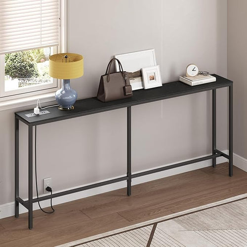 78.7" Console Table with Power Outlet, 11.8" Wide Narrow Sofa Table, Industrial Entryway Table with USB Ports, Behind Couch for Entryway, Hallway, Foyer, Living Room, Black CTBK320E01