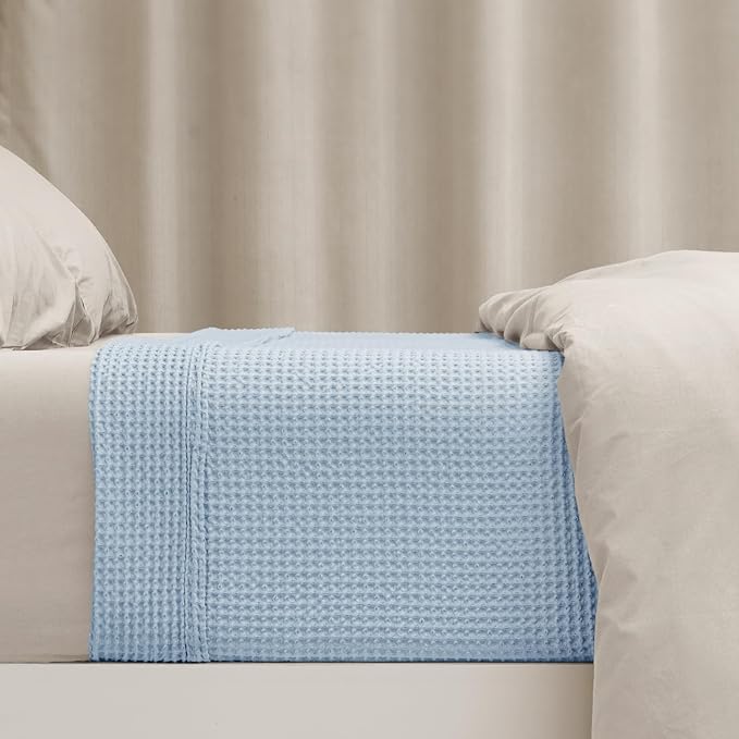 PHF 100% Cotton Waffle Weave Blanket King Size for Bed,Snag Proof Lightweight Breathable Throw for Couch,Great for Layering in Cold Weather,Machine Washable,Home Decor Gift-Sky Blue/Baby Blue