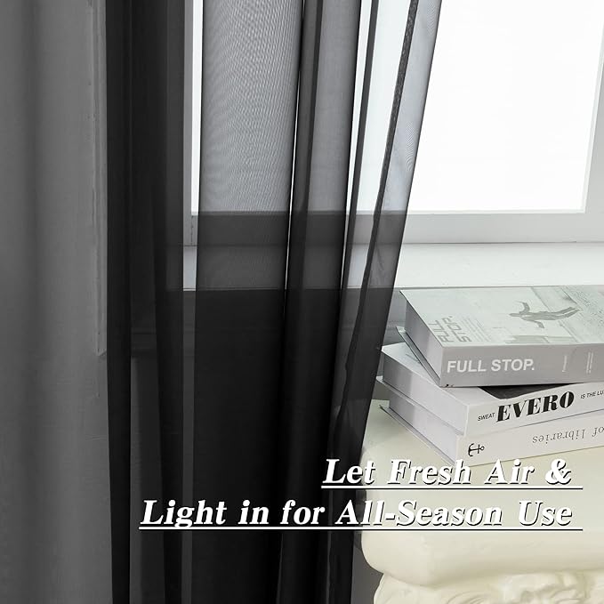 HUTO Black Sheer Curtains 63 Inch Length for Bedroom Rod Pocket Sheer Window Panels for Nursery Living Room, 52" Wx63 L,Set of 2