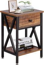 VECELO Modern Versatile Nightstands X-Design Side End Table Night Stand Storage Shelf with Bin Drawer for Living Room Bedroom, Brown+Black