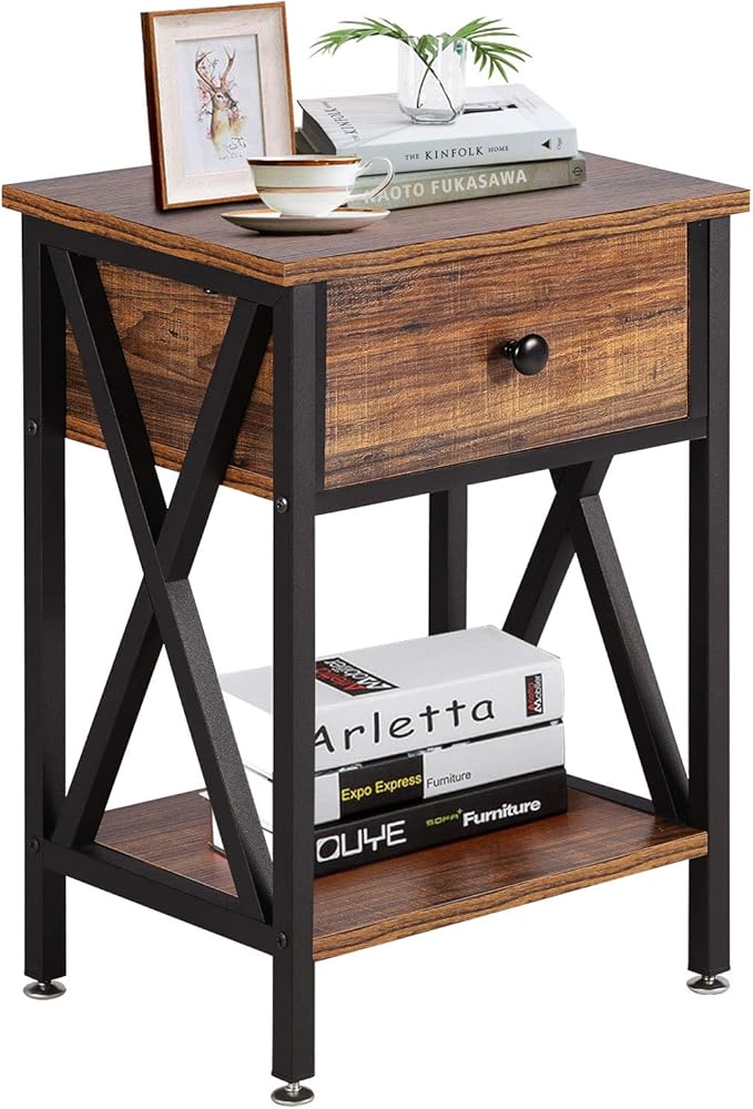 VECELO Modern Versatile Nightstands X-Design Side End Table Night Stand Storage Shelf with Bin Drawer for Living Room Bedroom, Brown+Black